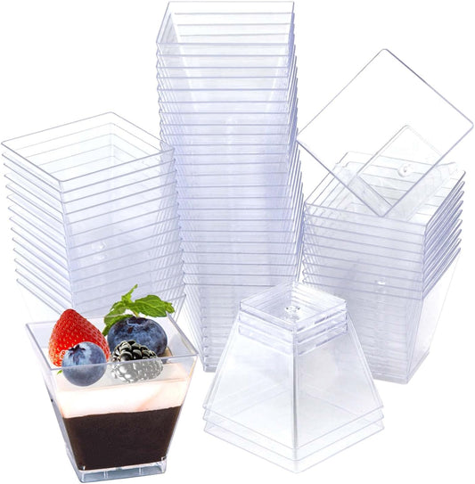 Oomcu 100 Pack 2oz Small Square Clear Plastic Dessert Cups – Mini Disposable Tumbler Cups for Ice Cream,Yogurt, Pudding, Chocolate, Mousse, Candies, Appetizers,Snack, Parfait, Charcuterie, Party