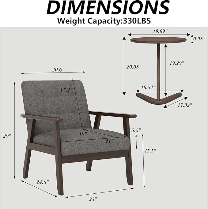 Modern Accent Chair with Wooden Table, Upholstered Linen Fabric Leisure Side - Image 2