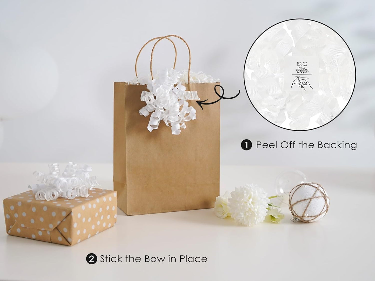 HUIHUANG White Bows for Gift Wrapping Christmas Gift Bows 5 inch x 8 Counts Self-Adhesive Curly Ribbon Bow for Presents, Paper Bag, Party Favors, Wrapping Accessories, Wedding Decor