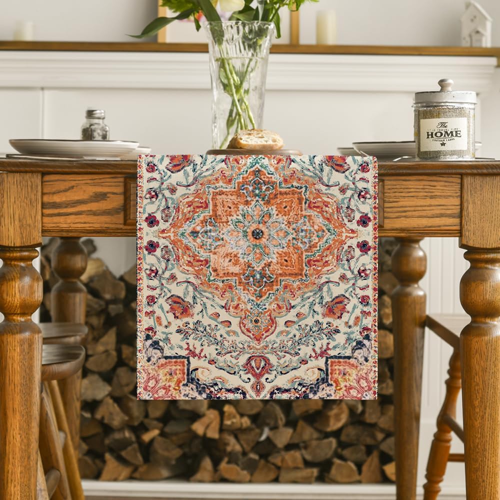 Artoid Mode Boho Bohemia Style Orange Table Runner, Country Rustic Farmhouse Magical Fall Kitchen Dining Table Decoration for Home Party Decor 13x108 Inch