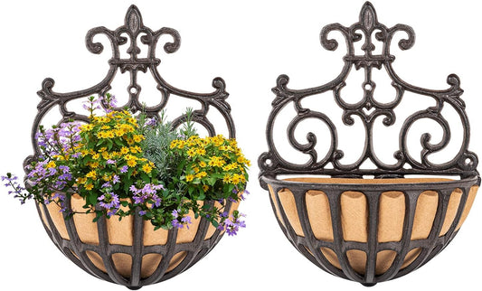Sungmor 2PC Small Cast Iron Baskets, Heavy-Duty Wall Hanging Hollow Planter w/Fabric Liner, Antique Victoria Half Round Wall Pot Plants Holder, Outdoor Railing Fence Balcony Hanging Basket Flower Pot