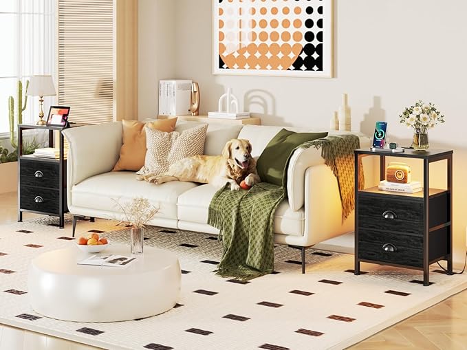 Furologee Nightstands with Charging Station, End Table with LED Lights - Image 2