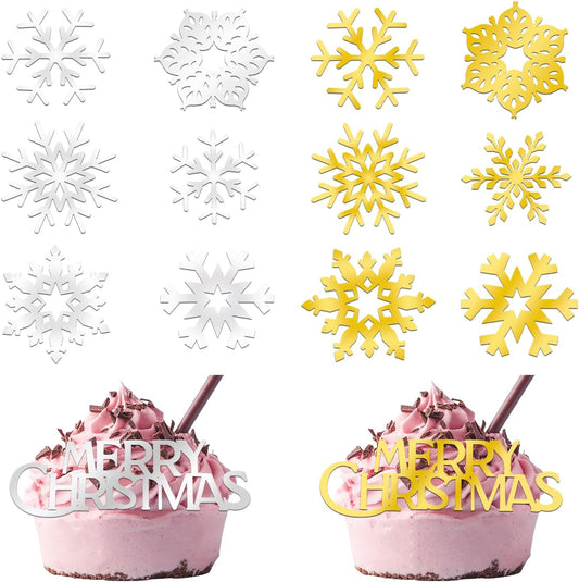 26 Pcs Merry Christmas Acrylic Cupcake Toppers Acrylic Mirror Snow Xmas Cupcake Picks New Year Party Cake Decorations