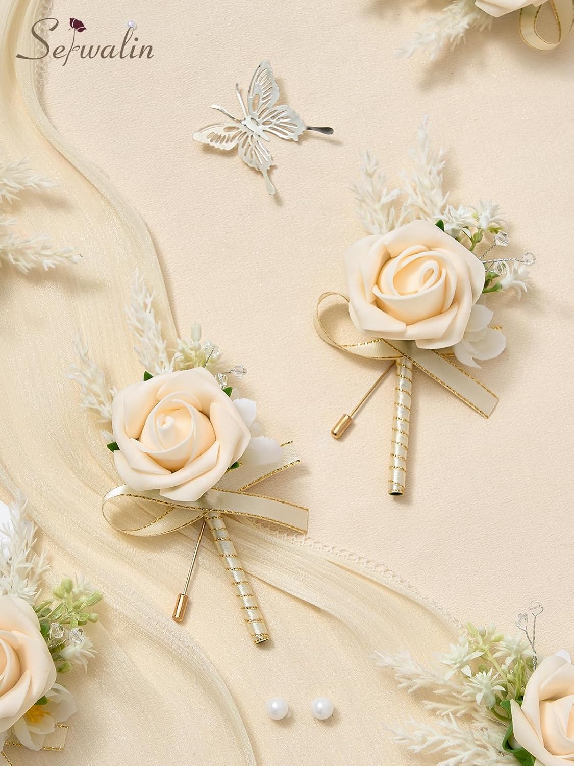 Serwalin 10Pcs Boutonniere for Men Wedding, Champagne Groom and Best Man Boutonniere, Artificial Flowers for Wedding Decor Prom Homecoming Ceremony Anniversary Formal Dinner Party