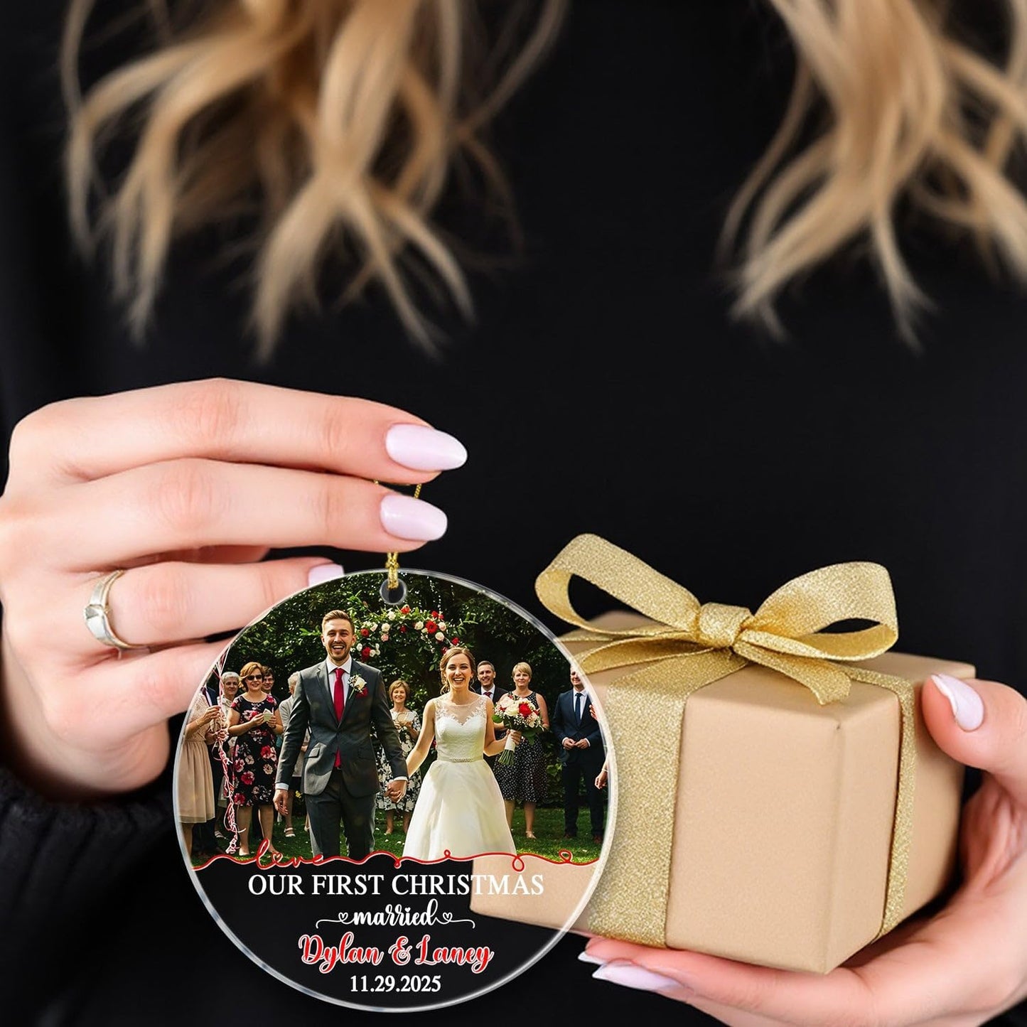 Customized Our First Christmas Married Ornament, Personalized Date/Names & Photo Just Married Ornaments Gift for Marriage Anniversary, Add Picture Couple Together Christmas Ornament for Newlyweds