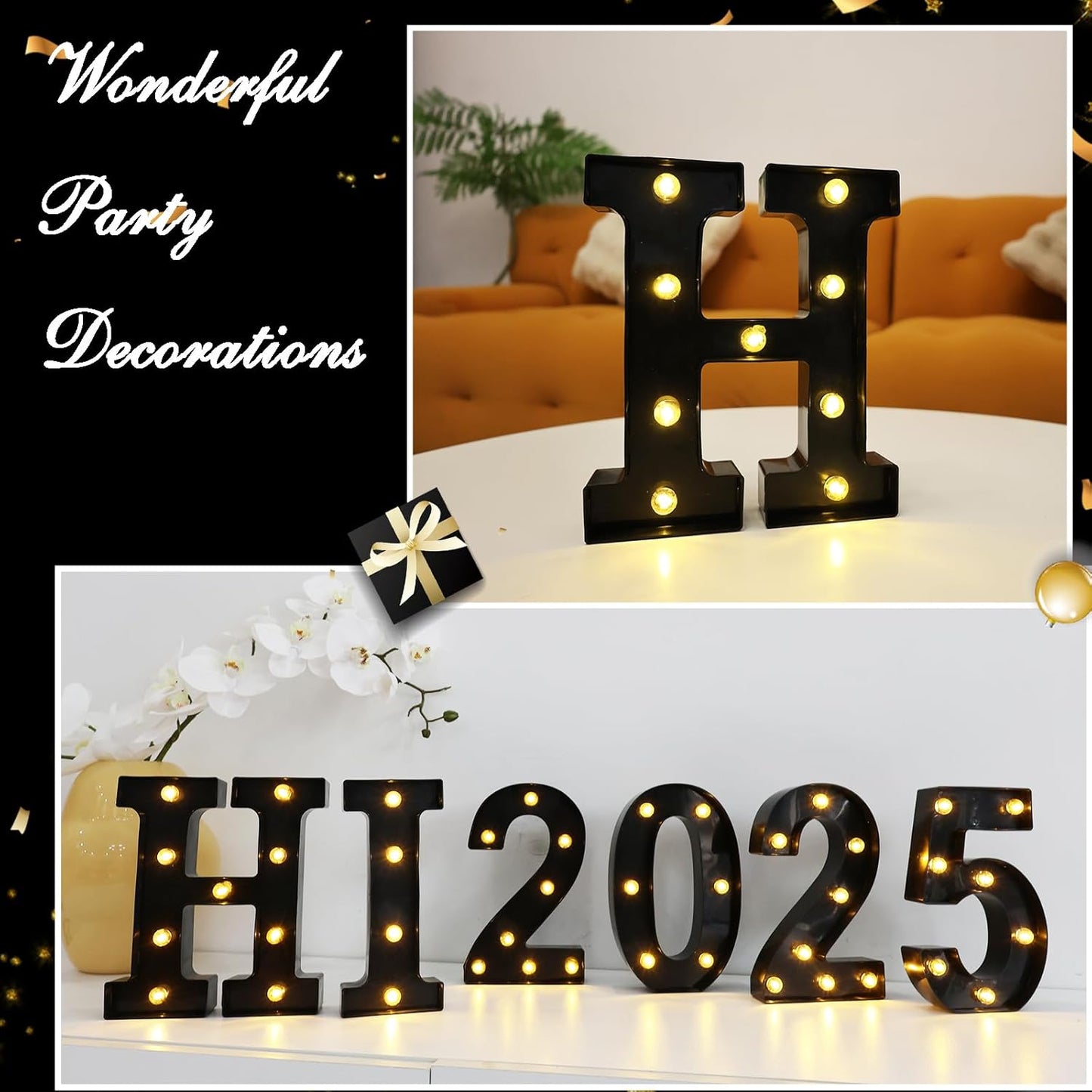 Led Marquee Letters, 8.58 Inch Black Light Up Letters, Small Led Letter Lights, Battery Powered Lighted Letterfor Table, Party, Birthday, Christmas Decor (Black, Letter H)