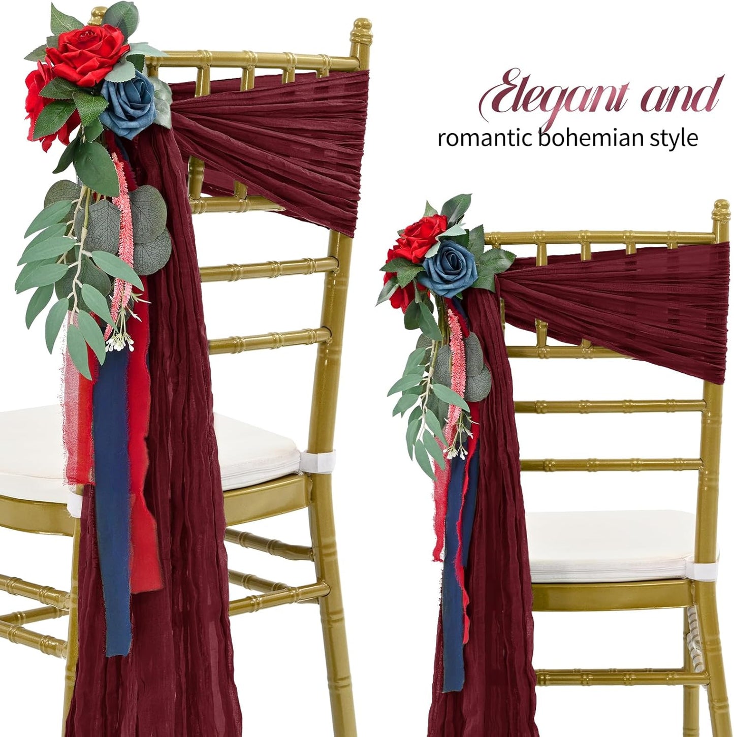 50 PCS Cheesecloth Chair Sashes Bows Wedding Aisle Decorations Chair Ribbon Ties Back Sash for Wedding Party Events Banquet Chair Cover Decoration (Burgundy)