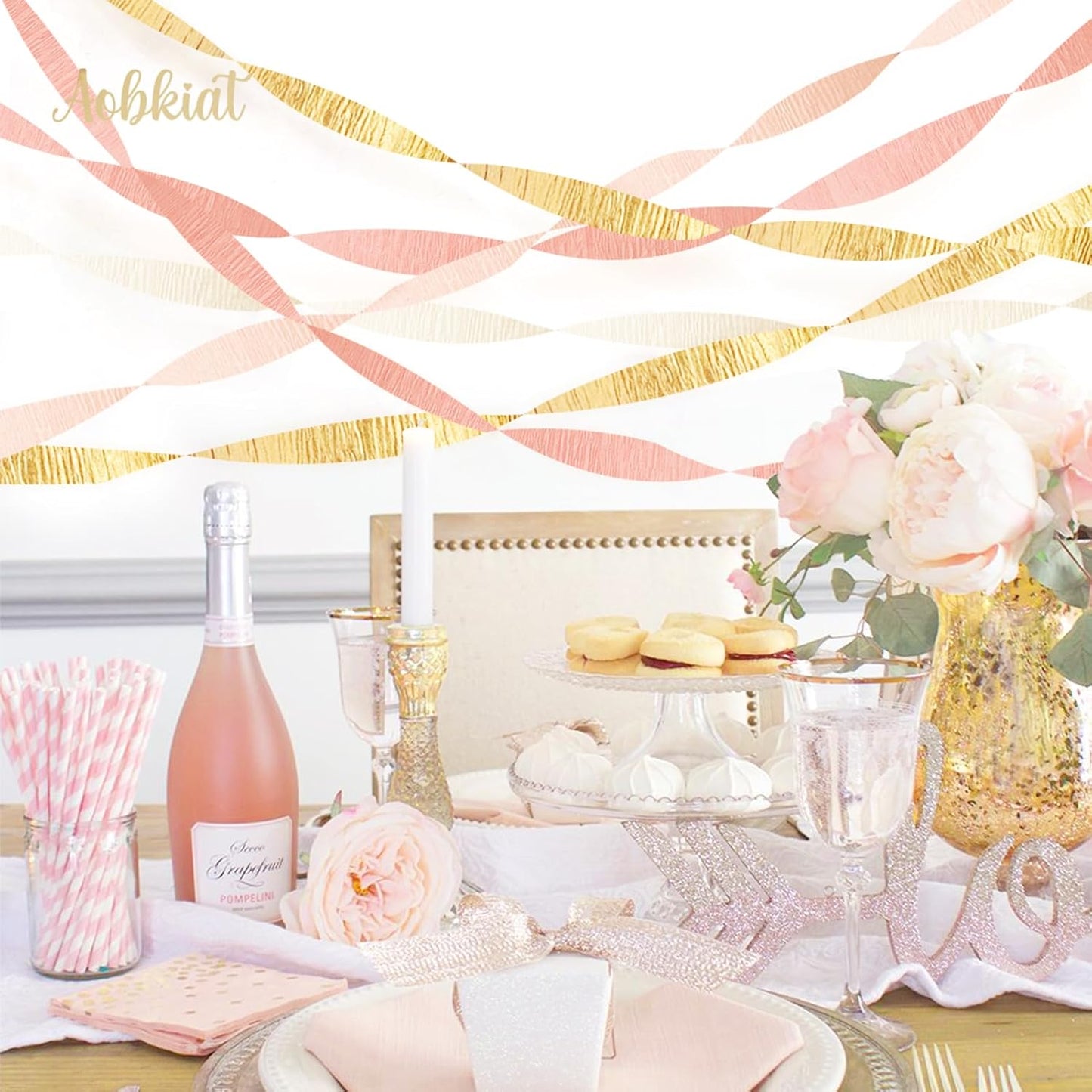 AOBKIAT Wedding Party Decorations, 8 Rolls Pink Gold Crepe Paper Streamers for Wedding, Bachelorette, Birthday, Baby Bridal Shower, Valentines Day Party Backdrop Decorations, 82ft Long