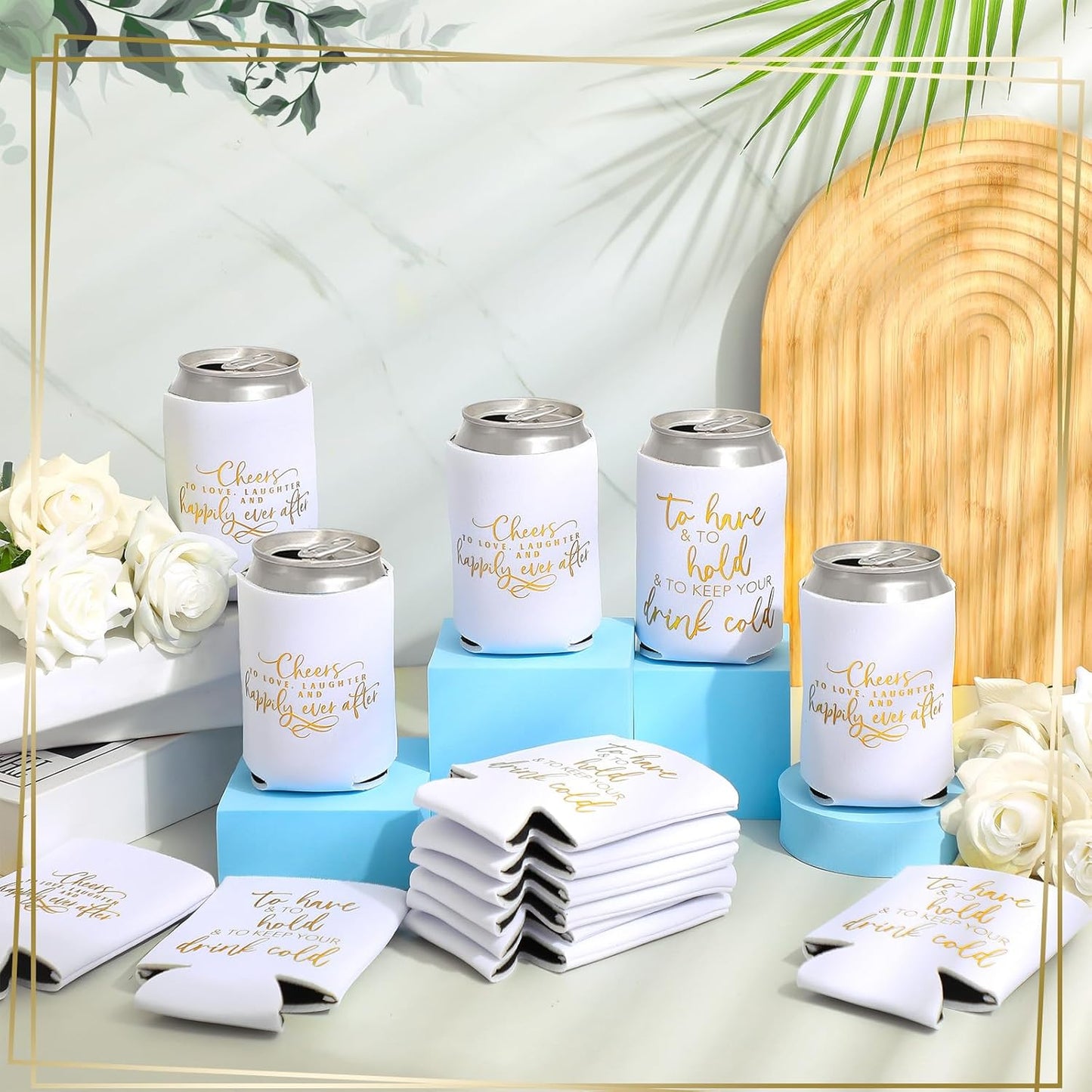 50 Pieces White Wedding Can Cooler Sleeves Bulk Engagement Party Favors for Guests Beer Cooler Cheers to Love Laughter Happily Ever After Rehearsal Dinner Decorations for Wedding Bridal