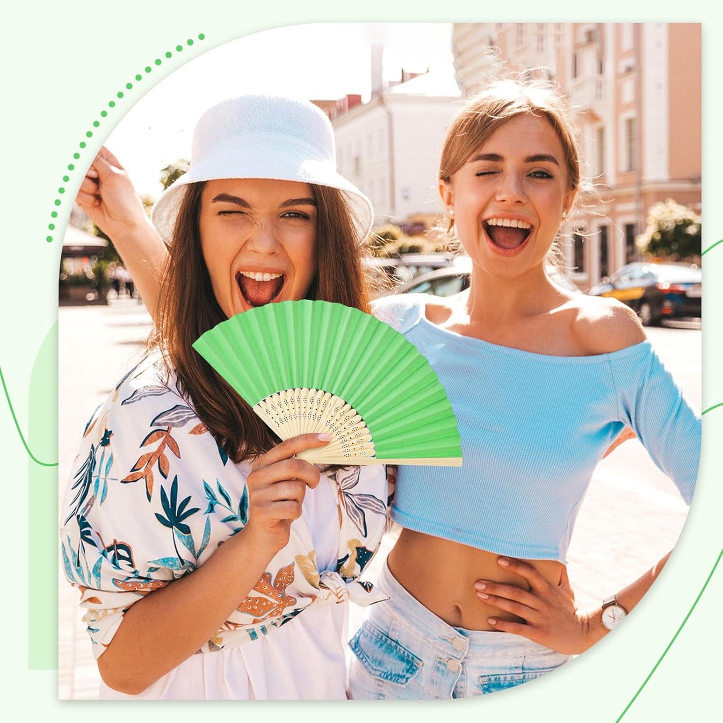 JOHOUSE 12PCS Foldable Hand Fan, 8.3 Inch Green Paper Fans for Woodland Baby Shower Decorations, Wedding, Outdoor Party Favors, Bridal Shower DIY Crafts Photography Prop