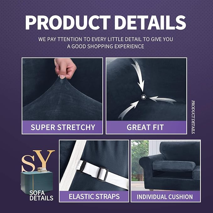 ZNSAYOTX Luxury Velvet Couch Cover 4 Piece Stretch Sofa Covers - Image 4