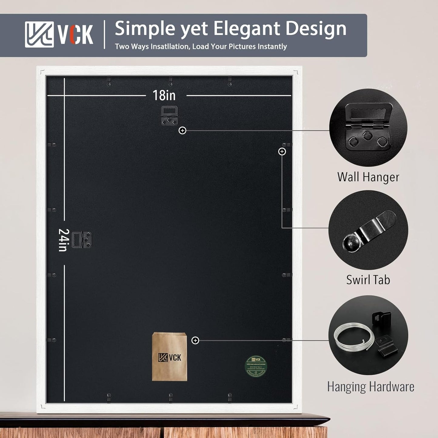 VCK 18x24 Frame 2 Pack, Exclusive Textured Solid Wood Poster Frame, Display Picture 16x20 with Mat or 18x24 without Mat, White