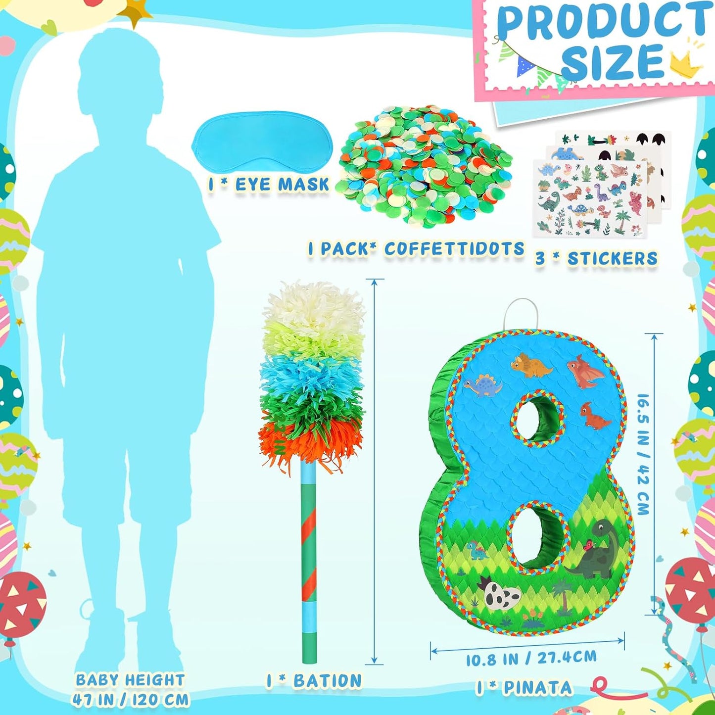 Number 8 Pinata for Birthday Party Decorations, Jungle Dinosaur Piñata Games Toy (8th)