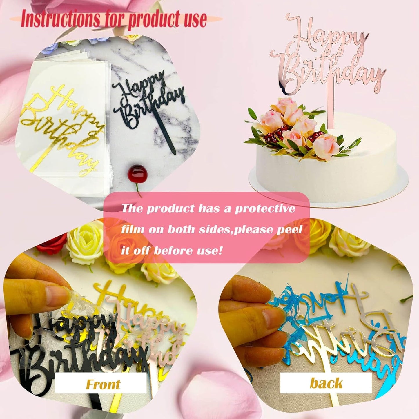 Happy Birthday Cake Toppers - 6 Pack (2 Styles, 3 Colors) Acrylic Cake Decorations for Women & Men Party Toppers for Cakes, Cupcakes