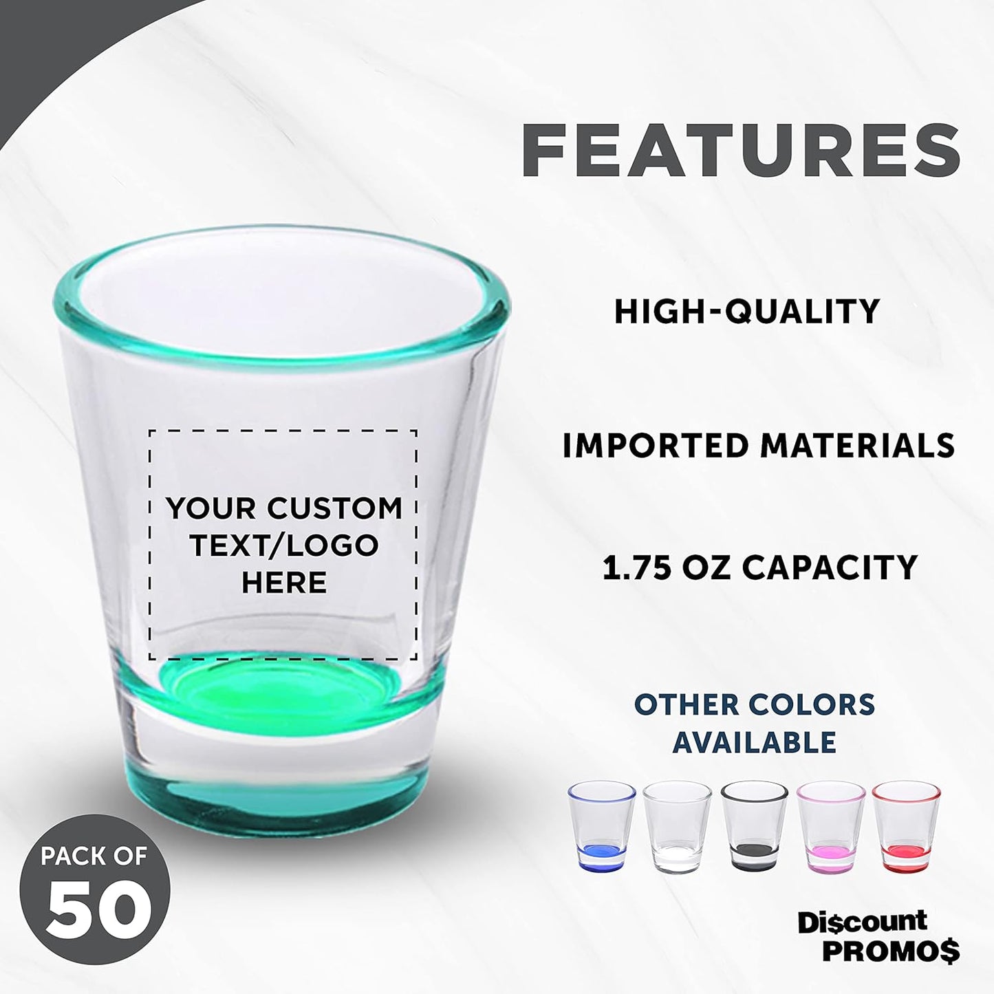 Custom Shot Glasses 1.75 oz. Set of 50, Personalized Bulk Pack - Great for Wedding Favors, Bachelorette Party Decorations, Party Fovors, Color Bottom - Green