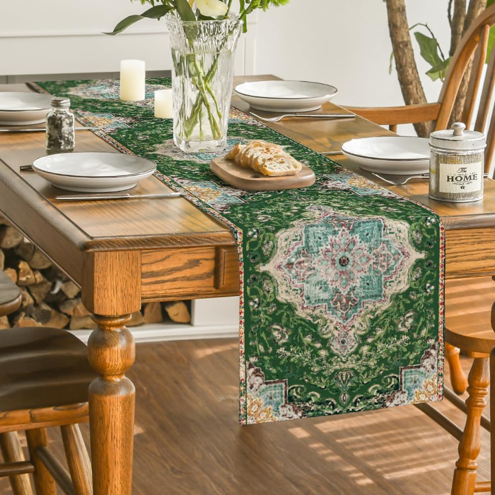 Artoid Mode Boho Bohemia Style Green Table Runner, Country Rustic Farmhouse Magical Christmas Kitchen Dining Table Decoration for Home Party Decor 13x72 Inch