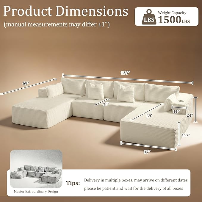 138" Cloud Sectional Couch, Comfort U Shaped Sofa - Image 2