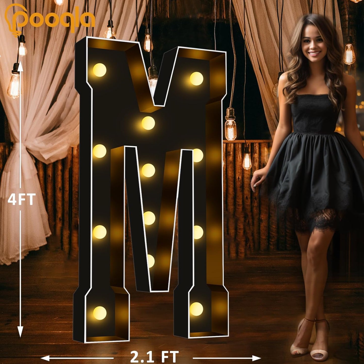 Pooqla 4 FT Marquee Light Up Letters, Black Marquee Letter Lights 4 Feet Tall, Giant Letter Sign Big Mosaic Letters for Balloons Birthday Party Anniversary Wedding Decorations, Warm White Letter M