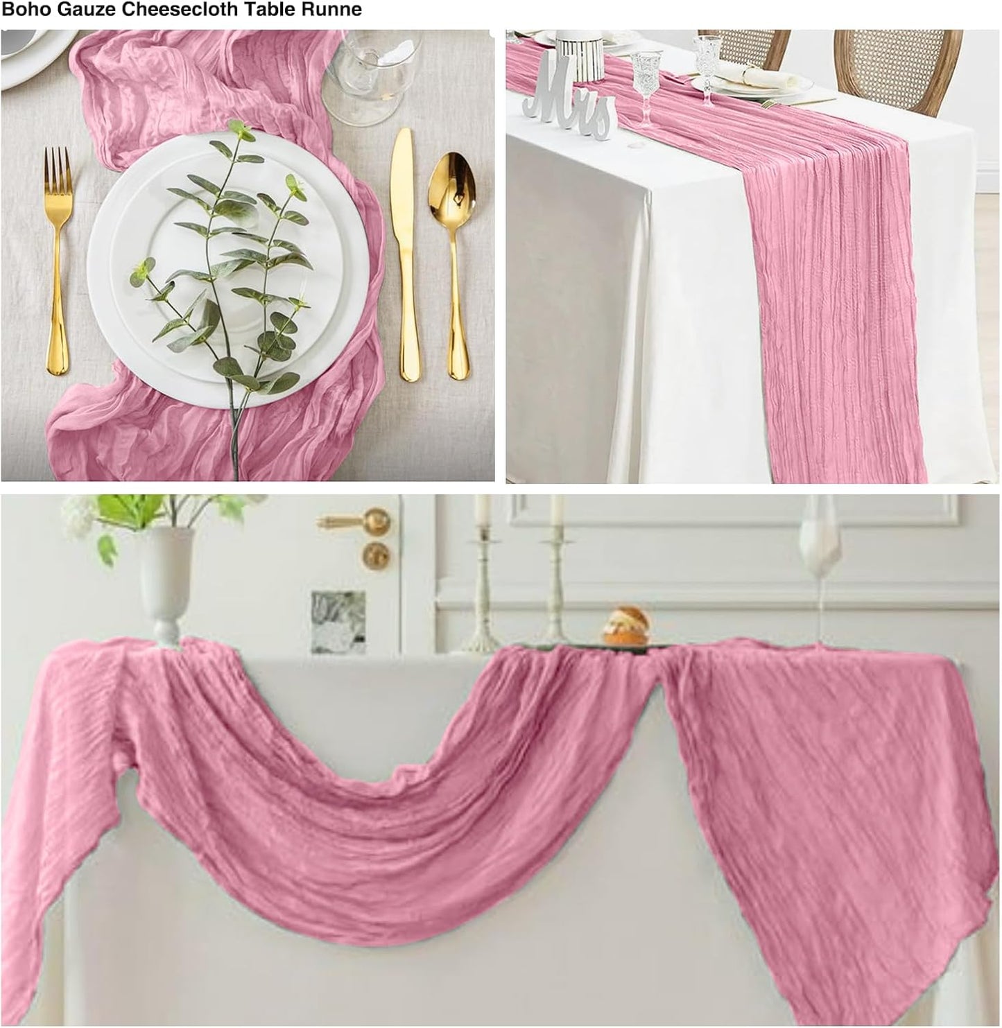 6 Pack Dusty Rose Cheesecloth Table Runner 20x120 Inch Boho Wrinkled Sheer Romantic Gauze Decor for Wedding, Bridal Shower, Birthday Party