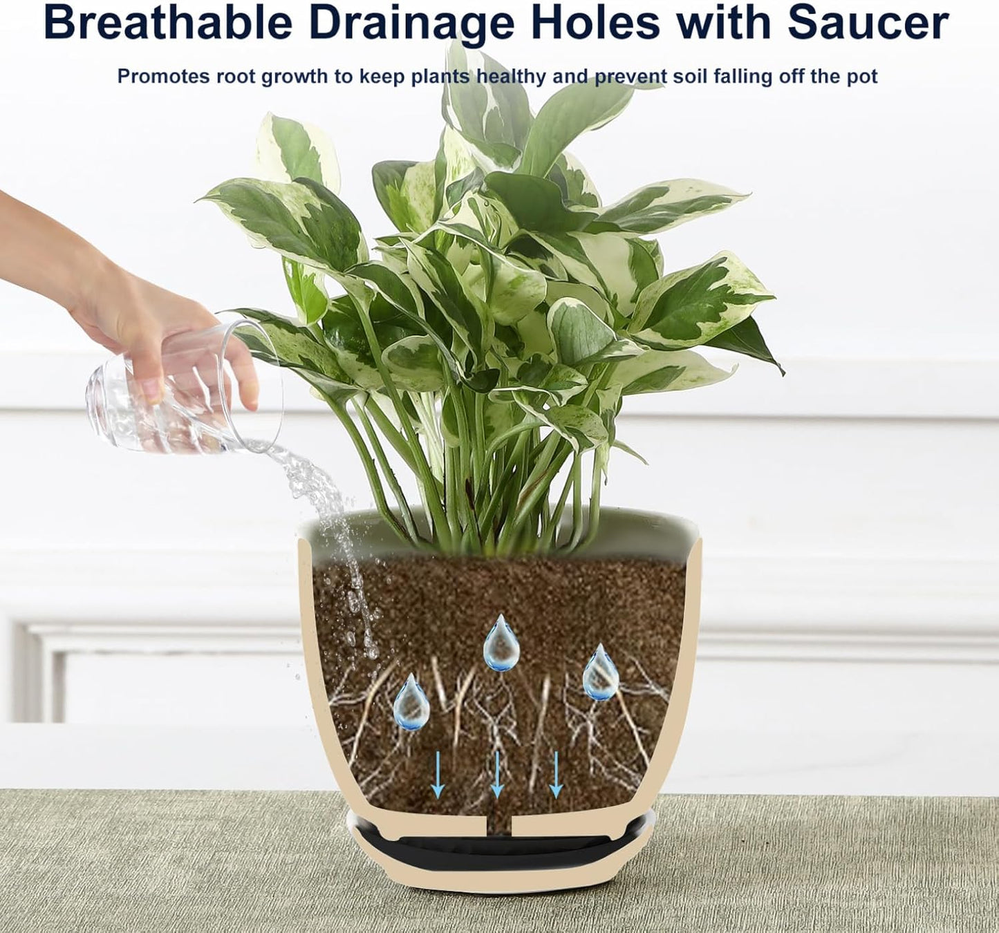 Sureasy Ceramic Indoor Plant Pots - 5.6 Inch Flower Pots for Plants with Drainage Hole and Saucer, Embossed Planter for Succulents, Orchid, Cactus, Indoor Home Decor, Set of 4, Black