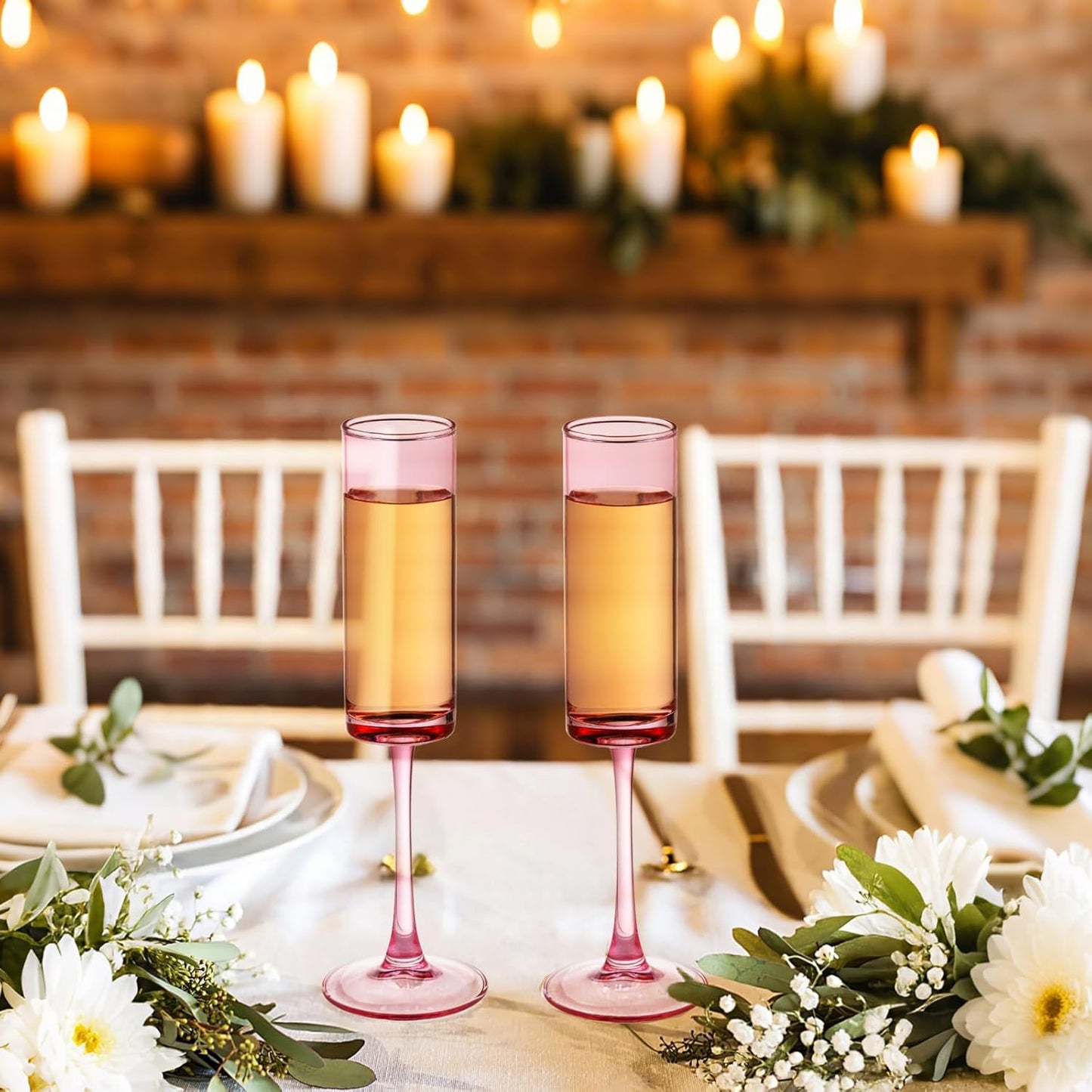 6 Pieces Pink Champagne Flutes 6 OZ Straight Sided Wine Glasses Champagne Long Stem Drinking Colored Glasses,Set of 6 Hand Blown Champagne Flutes Goblets for Wedding Cocktail Cups,Cava, Prosecco