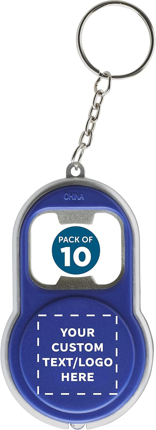 DISCOUNT PROMOS Custom Bottle Opener & LED Keychains Set of 10, Personalized Bulk Pack - Perfect for Tradeshows, Party Favors, Other Events - Blue