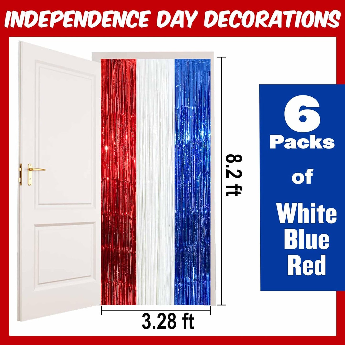 6 Pack White Blue Red Foil Fringe Curtains Backdrop, 3.28 x 8.2 Ft Metallic Streamers Tinsel Curtains Background for Photo Booth, Birthday, Weddings, Carnivals, Graduation, Themed Party Decorations