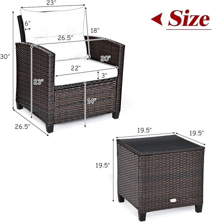 COSTWAY 3PCS Patio Furniture Set, PE Rattan Wicker Sofa w/Washable Cushion and - Image 2