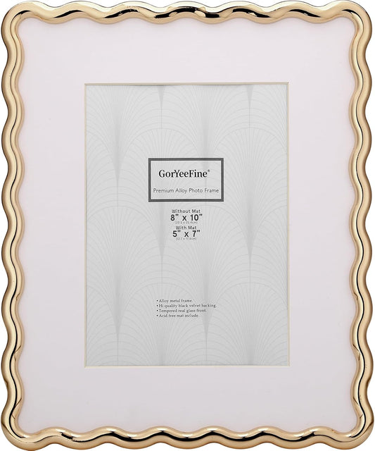 8 x 10'' Heavy-Duty Zinc Alloy Gold Photo Frames with Acid Free Mat for 5x7'',Wave Design Gold Picture Frame 8x10'' with Black Velvet Back