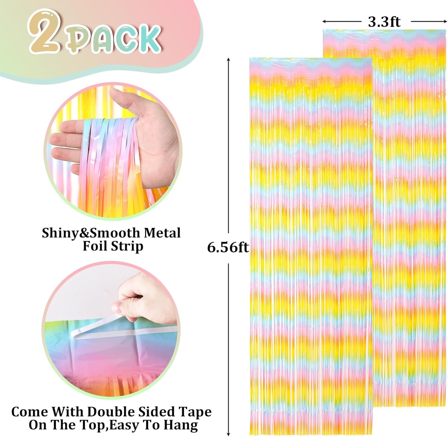 2 Pack Pastel Rainbow Foil Fringe Backdrop Curtains, Tinsel Streamers Birthday Party Decorations, Fringe Backdrop for Baby Shower, Gender Reveal, Birthday Party