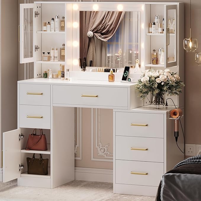 TOKSOM 51" Vanity Desk with Mirror and Lights & Charging Station, Bedroom by TOKSOM