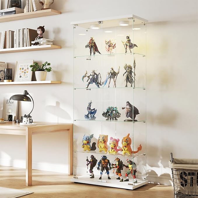 Display Cabinet with Glass Door and Lock, LED Lights 5-Shelf Curio Cabinets by glassdisplaycabinet