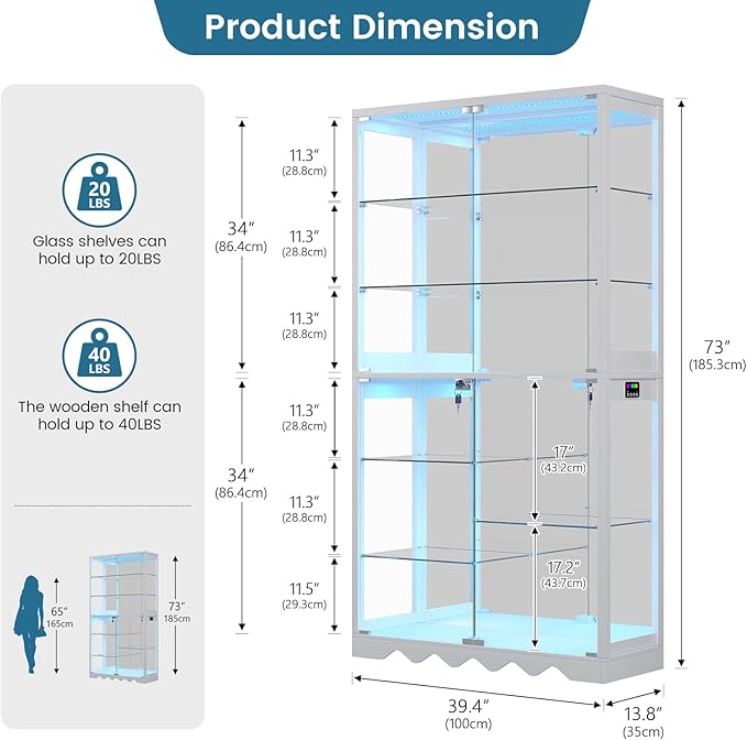 Large Display Cabinet with Glass Doors, 8-Tier RGB Curio Cabinet with Smart - Image 2