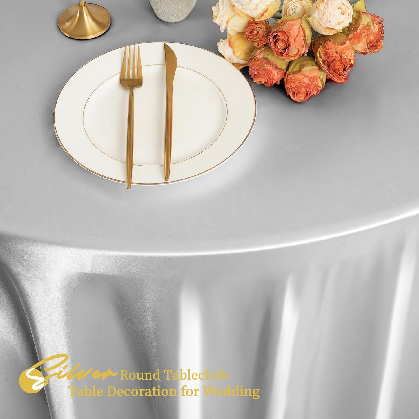 12 Pack 120 Inch Silver Satin Tablecloth - Premium Bright Silky Round Tablecloth Overlay Smooth Fabric Table Cover, Table Decoration for Wedding Party Banquet Events Restaurant Kitchen Dining