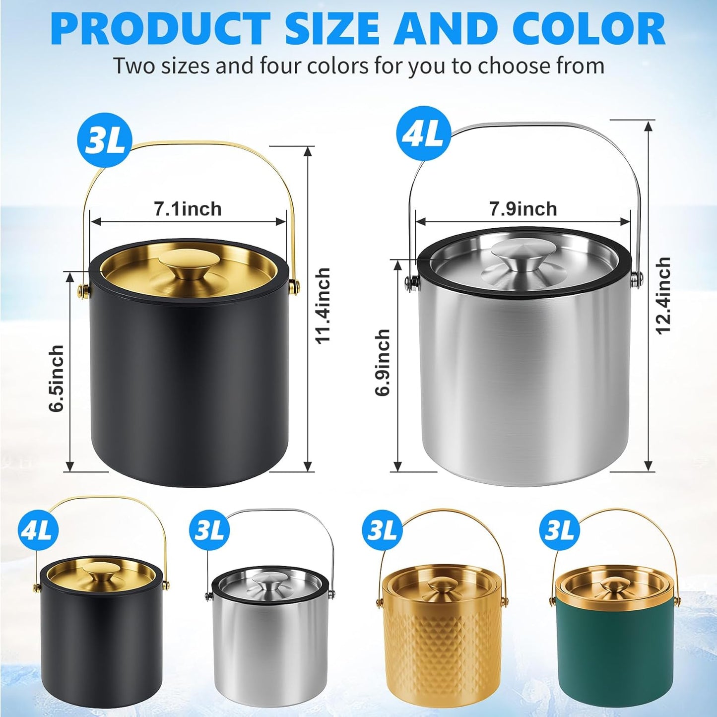 Ice Bucket, Ice Bucket with Silicone Sealing Ring Double-Wall Vacuum Insulation Champagne Buckets with Filter Layer Ice Tongs Ice Scoop (Gold, 3 L)