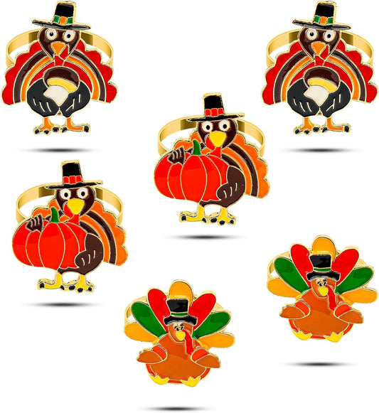 KPOSIYA Thanksgiving Napkin Rings Set of 6, Turkey Napkin Rings Vintage Alloy Fall Napkin Holders for Holiday Dinner Parties, Weddings, Family Gatherings