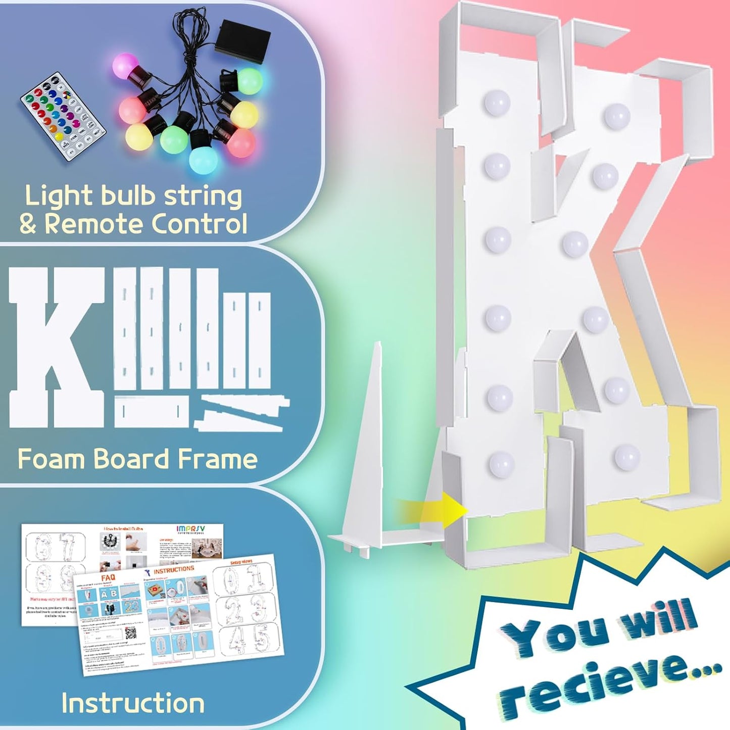 imprsv 4FT Colorful Marquee Light Up Letters K, 18 Colors Large Light up Letters Alphabet Sign with Remote, Large Marry Me Sign, Birthday Party Decorations Baby Shower Anniversary Wedding Decoration