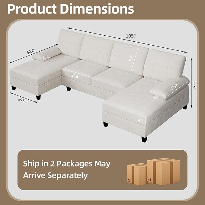 U-Shaped Sectional Couches for Living Room, 4 Seat Sofa - Image 2