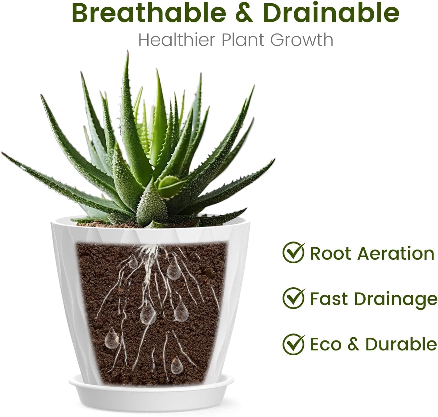 4 Inch Small Pots for Plants, 6 Pack Waffle Texture Small Plant Pots for Succulents, Plastic Planter with Drainage Holes and Saucers for Indoor Outdoor Plants, Flowers, Herbs, Seedlings, White