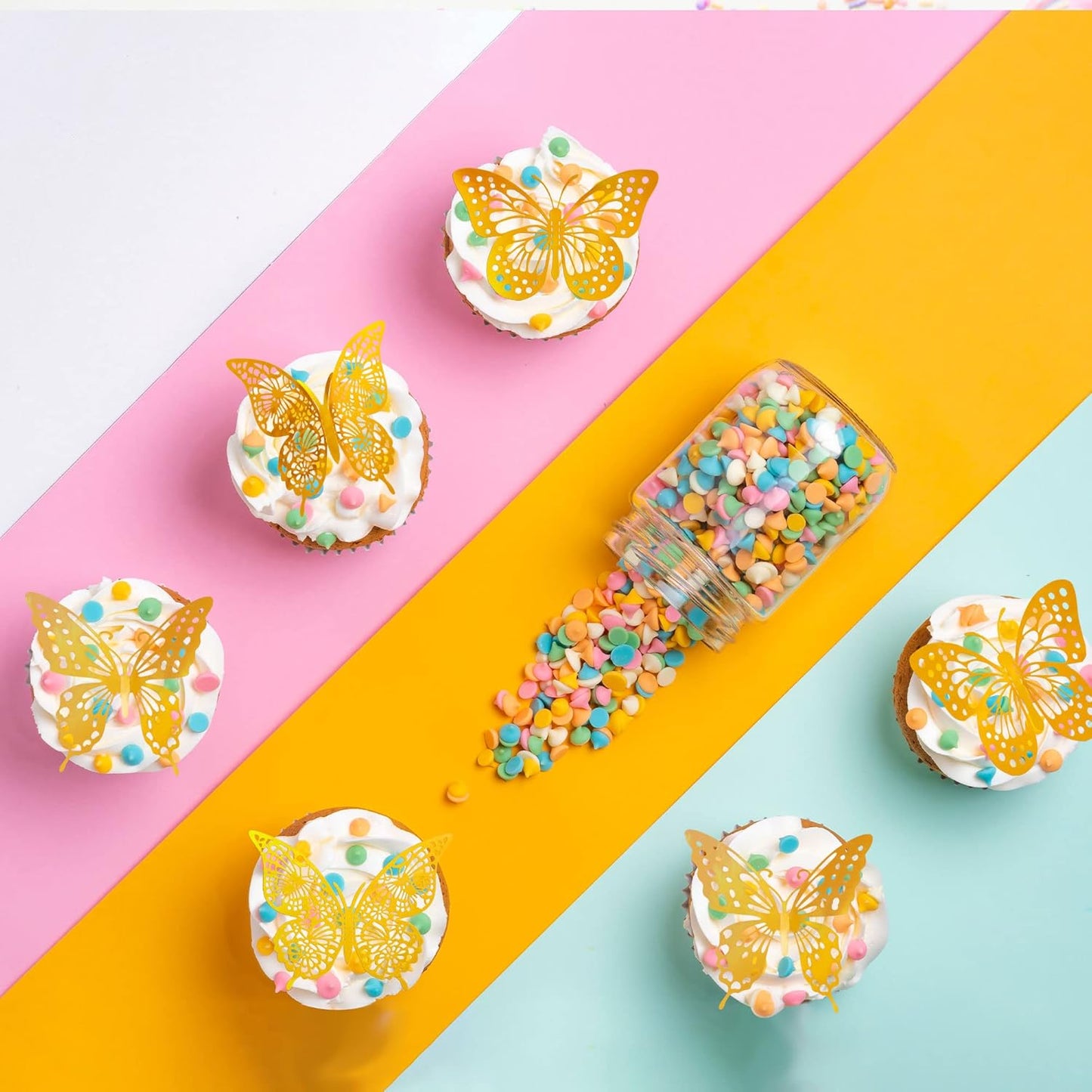 Gyufise Laser Gold Butterfly Cupcake Toppers Hollow Art 3D Butterfly Cupcake Decorations Baby Shower Wedding Anniversary Kids Birthday Party Cake Wall Decorations Supplies 36Pcs