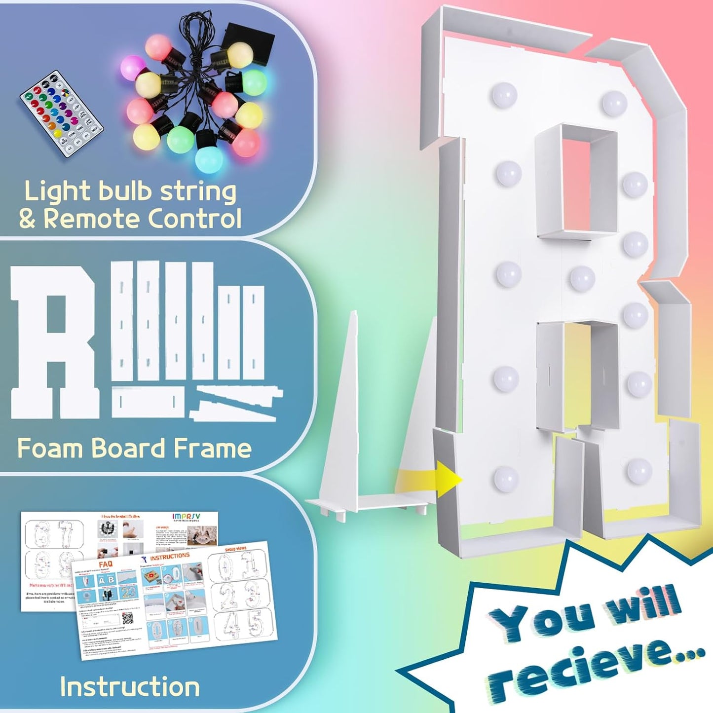 imprsv 4FT Colorful Marquee Light Up Letters R, 18 Colors Light Up Letters Alphabet Sign with Remote, Marry Me Light Up Letters, Large Letters for Birthday Engagement Anniversary Wedding Party Decor