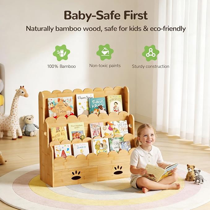 ELYKEN Kids Bookshelf with 2 Drawers, 3-Tier Bamboo Book Shelf - Image 6