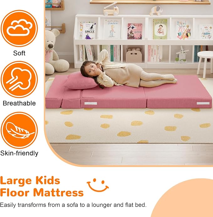 MeMoreCool Kids Folding Sofa – Corduroy Floor Futon Chair, Tri-Fold Mattress - Image 4