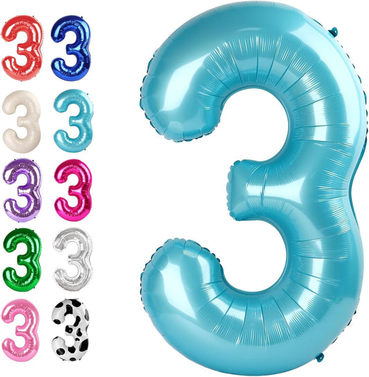 40 Inch Pearl Blue 3 Large Number Balloon, 3 13 23 30 33 36 38 Pearl Blue Birthday Party Decorations, Number Three Foil Balloons for Anniversary Party Graduations Celebration Supplies