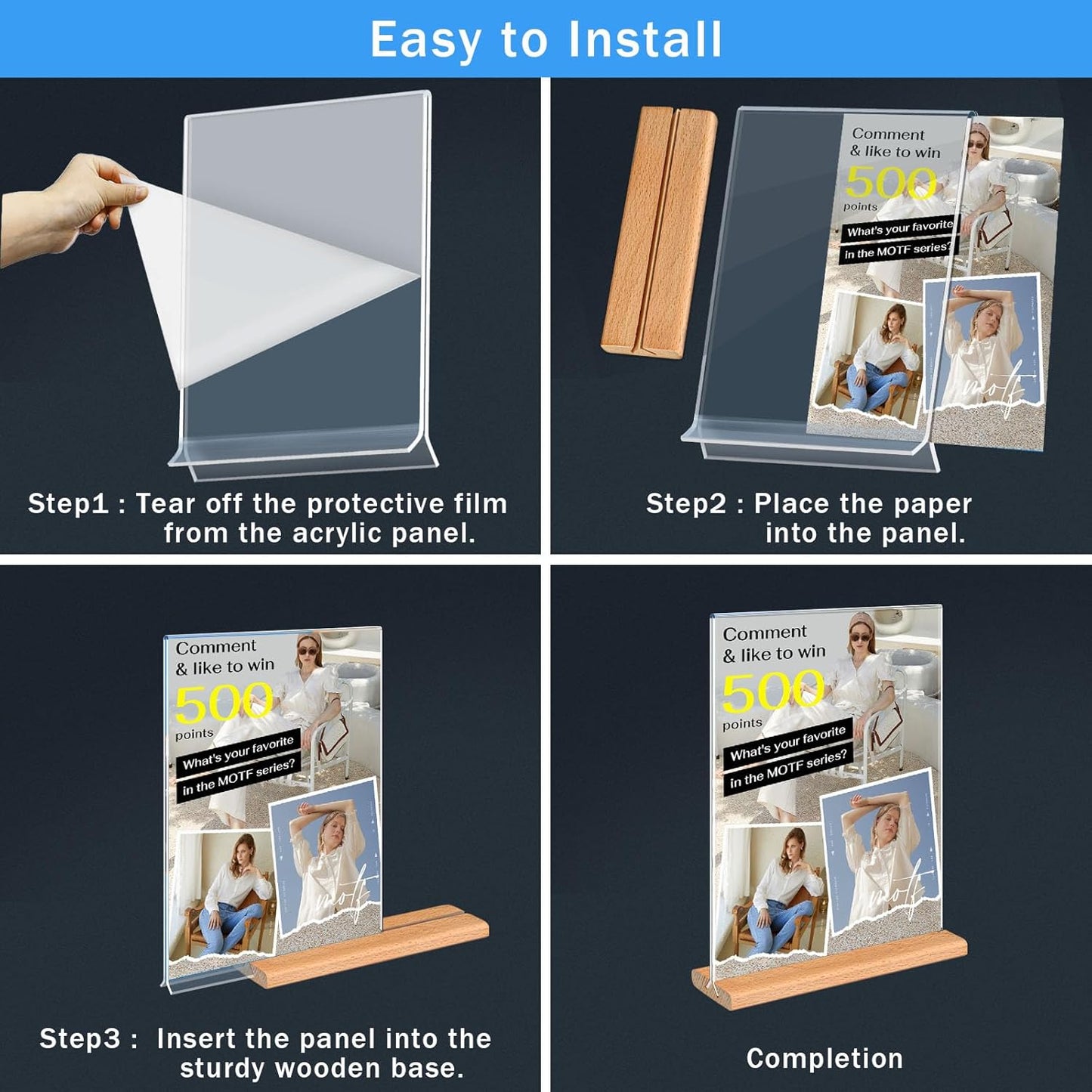 Kersally Acrylic Sign Holder 7 x 5'', 3 Pack Double-Sided Clear Table Display Stands with Wood Base,Horizontal Acrylic Frame Menu Flyer Paper Holder for Store, Restaurant, Hotel, Office, Show Fair