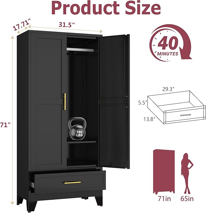 GAIOUS Steel Armoire Wardrobe Closet, 1 Adjustable Shelf and 1 Drawers - Image 2
