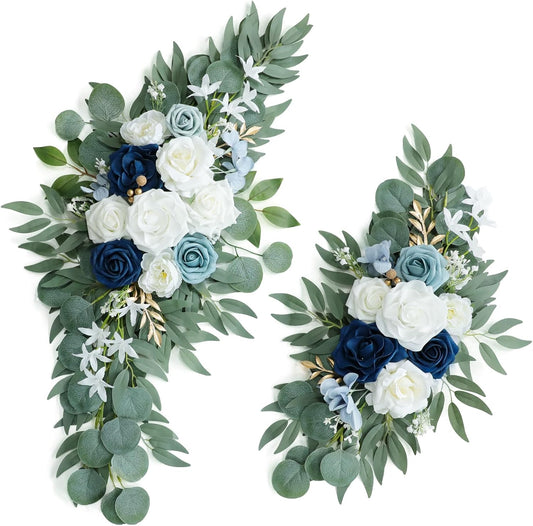 Artificial Dusty Blue Wedding Arch Flower Swags Set of 2 for Welcome Signs Floral and Wedding Reception Ceremony Decorations, White Flowers Decor