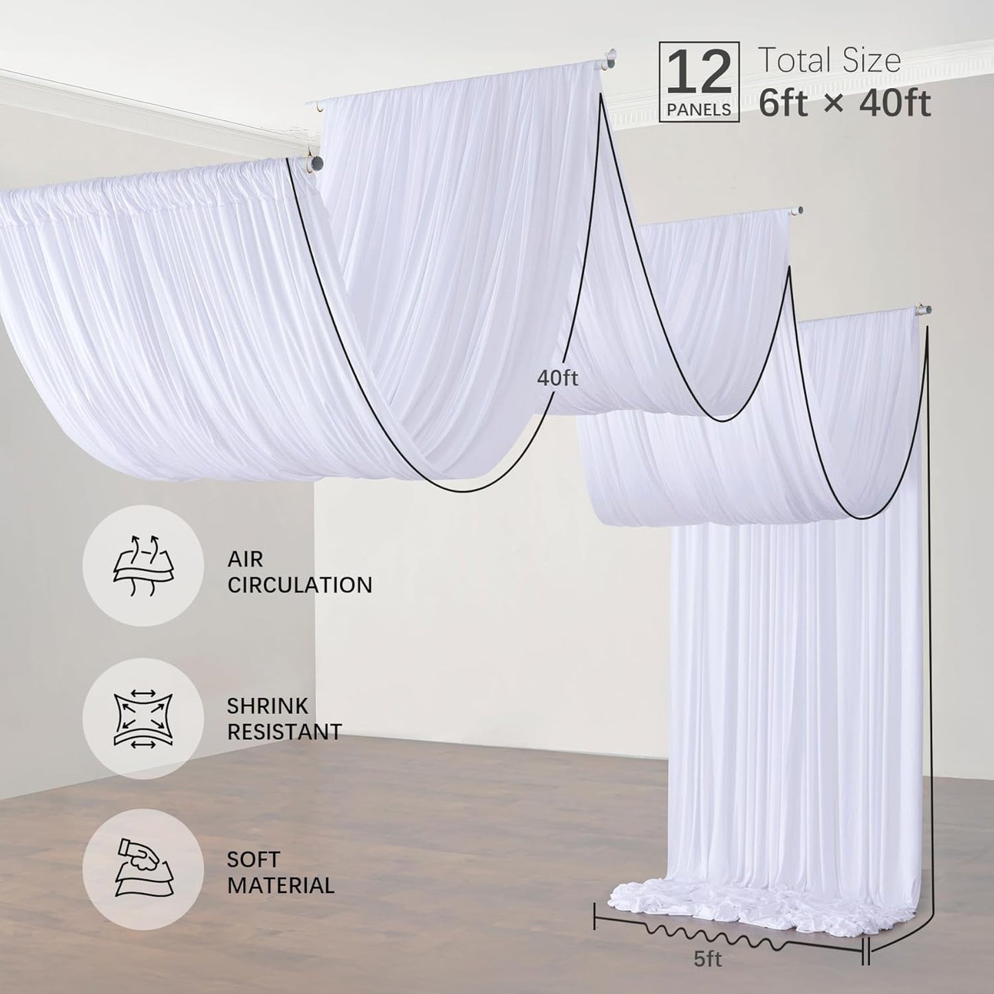 PartyVillage 60ftx40ft White Ceiling Curtain for Wedding Parties – 12 Panels Wrinkle-Free 40 FT Long Tent Draping Curtains for Wedding, Birthday & Theme Parties, 40ft Height with Rod Pocket
