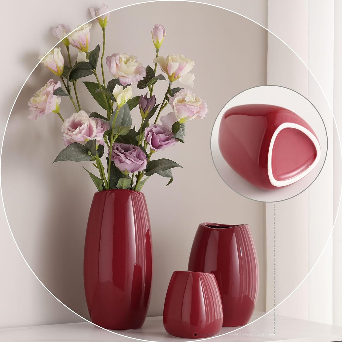 hjn Ceramic Vase Set of 3 Red Flower Vase for Home Decor, Modern Decorative Vase for Flowers Vases for Your Ideal Shelf Decor/Table/Living Room/Kitchen/Office-Red…