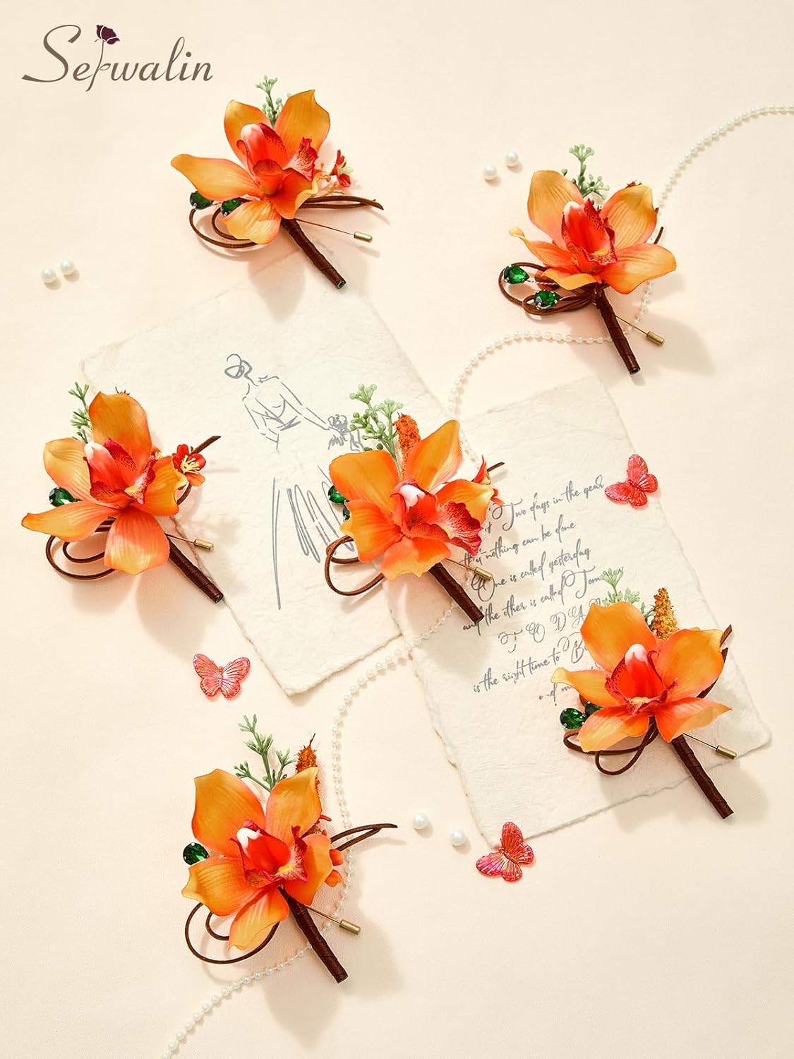 Serwalin 10Pcs Boutonniere for Men, Orange Groom and Best Man Boutonniere, Artificial Flowers for Wedding Decor Prom Homecoming Ceremony Anniversary Formal Dinner Party